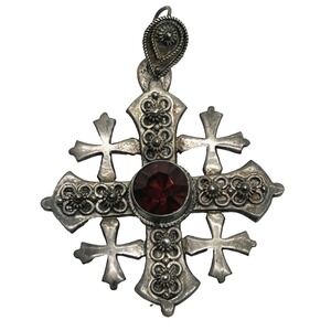 Antique Sterling Silver 900 Jordan Jerusalem Maltese Cross Pendant w/Red Garnet
